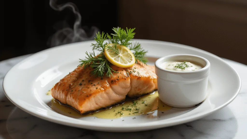 LEMON DILL SALMON: A FRESH, ELEGANT SEAFOOD SENSATION Photorealistic image of a plated salmon fillet with a golden-brown crust on a white ceramic plate, garnished with fresh dill, lemon wheels, and served with a creamy yogurt-dill sauce in a ramekin, captured in warm directional light with a dark background.
