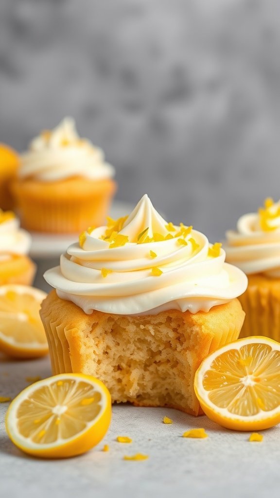 25 Creative Gender Reveal Cupcake Ideas to Celebrate Your Baby's Arrival Lemon gender reveal cupcakes with a bite taken out, decorated with lemon zest.
