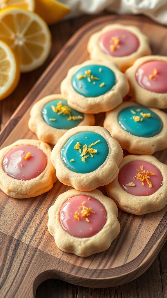 25 Creative Gender Reveal Cookie Ideas to Celebrate Your Big News Colorful lemon zest gender reveal cookies with pink and blue icing on a wooden platter.