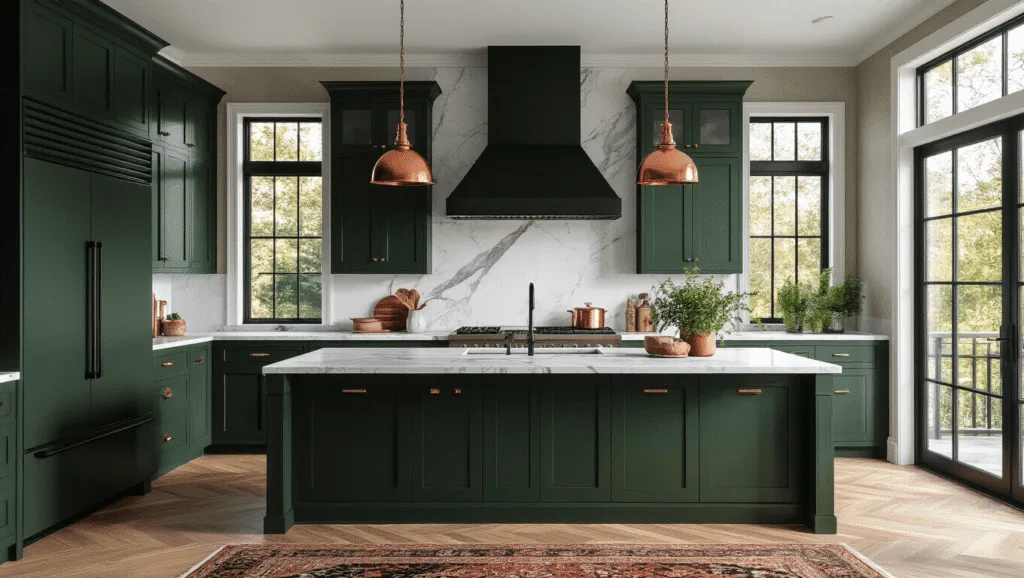 Dark Green and Black Kitchen: A Bold Design Transformation Photorealistic interior of a modern kitchen with forest green shaker cabinets, marble waterfall island, black range hood, and natural light from floor-to-ceiling windows, featuring brass pendant lights, vintage Persian runner on oak floors, and stainless steel appliances.