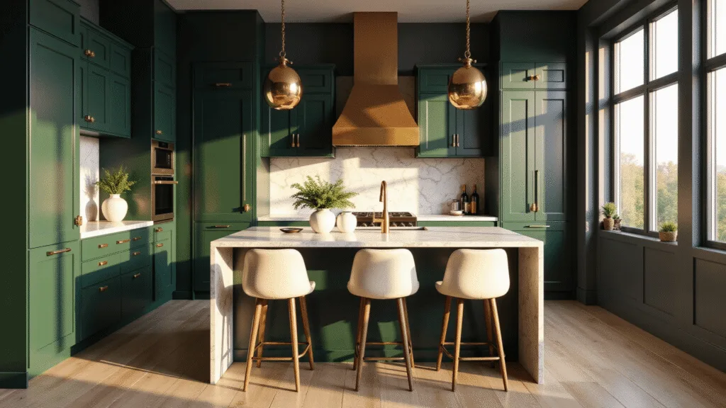 Dark Green Kitchen: A Stylish 2025 Design Trend That Transforms Your Space Photorealistic interior of a modern kitchen featuring deep forest green shaker cabinets, Calacatta marble countertops, and brass fixtures, illuminated by warm golden hour sunlight streaming through tall windows.