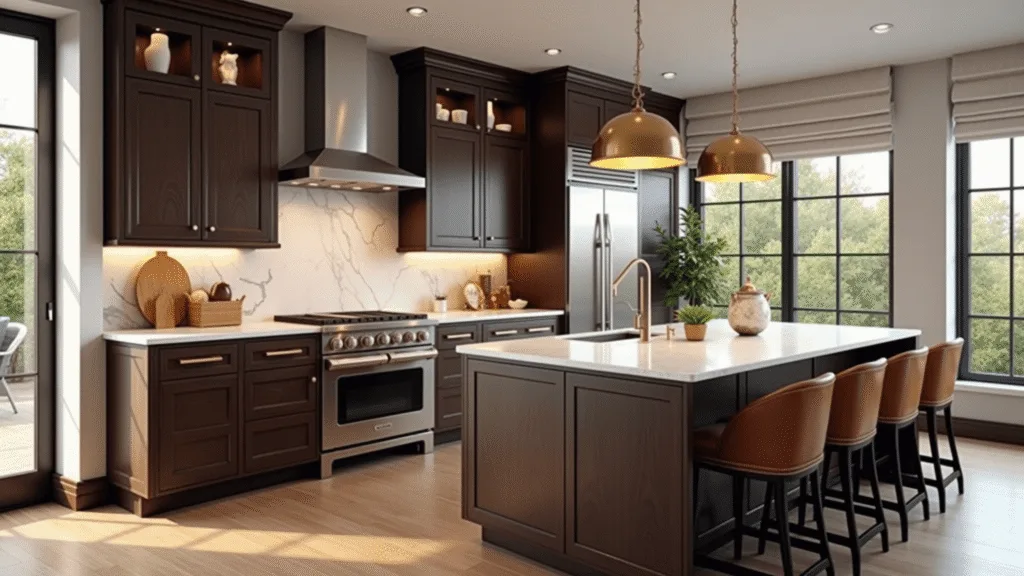 Brown Kitchen Cabinets: Warm, Versatile Design Magic for Your Home Photorealistic contemporary luxury kitchen with espresso-brown cabinets, white quartz countertops, and aged brass pendant lights, illuminated by warm morning light through floor-to-ceiling windows.