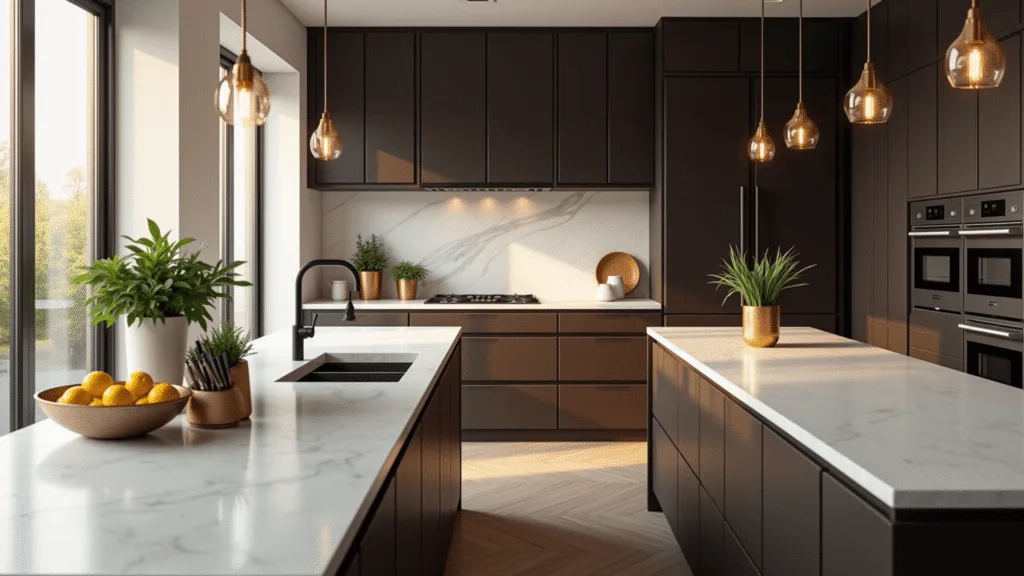 Dark Brown Cabinets Kitchen: Your Ultimate Styling Guide Photorealistic image of a modern kitchen with espresso-brown cabinets, white quartz waterfall countertops, and natural lighting through floor-to-ceiling windows, featuring brass pendant lights, white oak herringbone flooring, and minimal accessories.