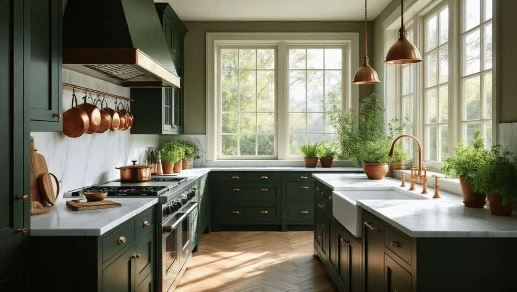 Dark Green Kitchen Walls: Transform Your Culinary Space with Nature's Most Sophisticated Hue Photorealistic image of a sophisticated kitchen featuring forest green Shaker-style cabinets, Carrara marble countertops, and vintage copper pots, illuminated by morning light from large east-facing windows, with white oak herringbone flooring and terracotta pots of fresh herbs on the windowsill.