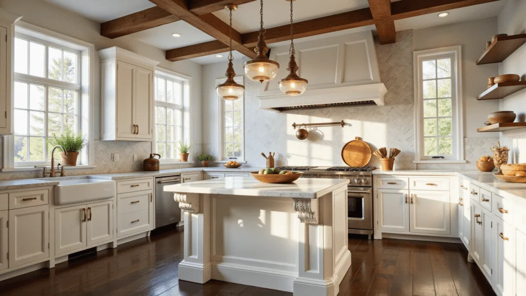 Antique White Kitchen Cabinets: Timeless Elegance for Your Culinary Space A sun-drenched farmhouse kitchen featuring antique white Shaker cabinets, Carrara marble countertops, dark espresso hardwood floors, and aged brass pendant lights, with fresh herbs and citrus fruits, captured in photorealistic detail.