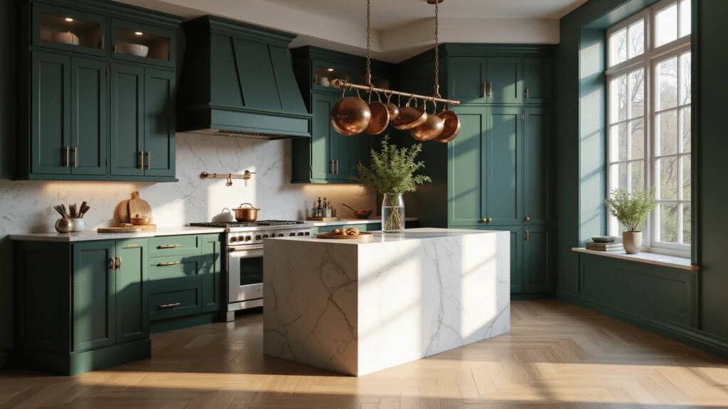 Forest Green & Dark Green Kitchen Cabinets: Your Ultimate Design Inspiration Guide Photorealistic luxury kitchen interior featuring deep forest green Shaker-style cabinets, brass hardware, and a white marble waterfall island, illuminated by morning sunlight and complemented by copper cookware and wide-plank oak flooring.