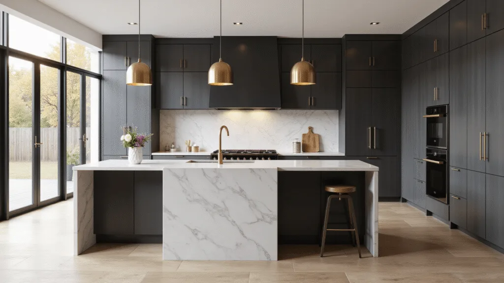 Dark Grey Kitchen Cabinets: Transform Your Space with Sophisticated Elegance Photorealistic image of a spacious modern kitchen with dark charcoal grey shaker cabinets, a white quartz waterfall island, gold pendant lights, matte black appliances, white oak flooring, and a marble herringbone backsplash, captured in morning light with a soft focus.