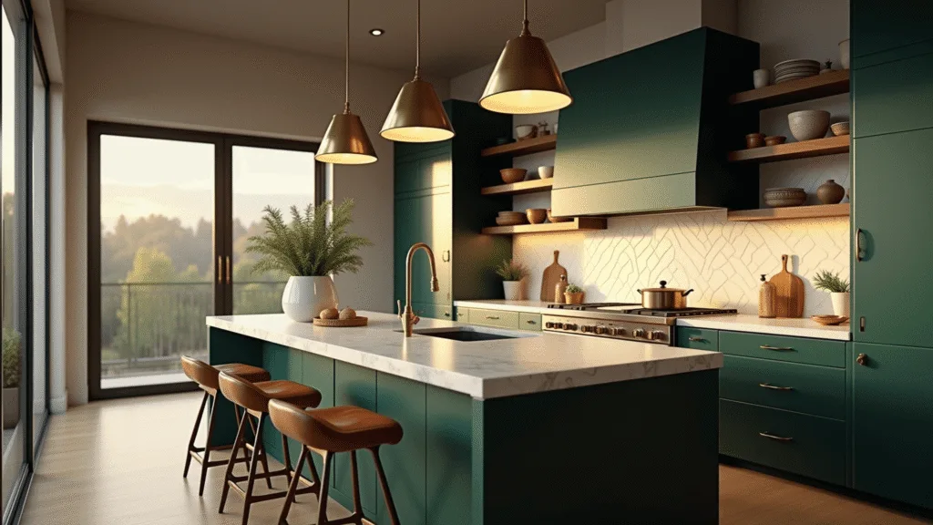 Dark Green Kitchen Cabinets: A Transformative Design Guide for Modern Homes Photorealistic image of a luxurious modern kitchen featuring hunter green cabinets, brass hardware, and a Carrara marble island, with natural light from floor-to-ceiling windows and vintage pendant lights. The space includes walnut shelving with artisanal ceramics, fresh herbs in terracotta pots, and leather bar stools, all captured with a soft bokeh effect.