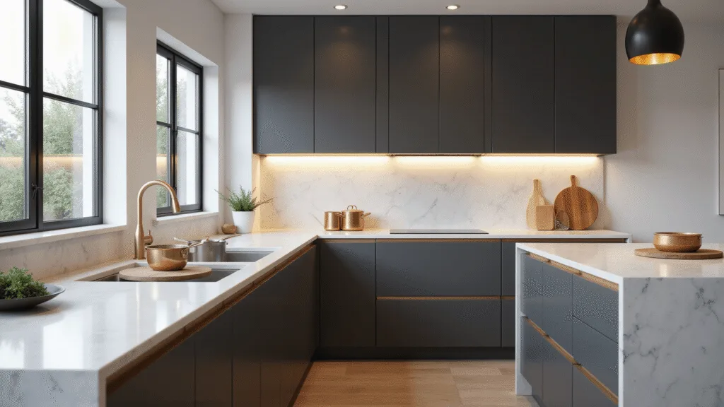 The Ultimate Guide to Kitchen Cabinets: Transform Your Cooking Space Photorealistic modern kitchen interior featuring matte charcoal gray cabinets with gold hardware, white quartz countertops, soft morning light, and strategic copper cookware staging.