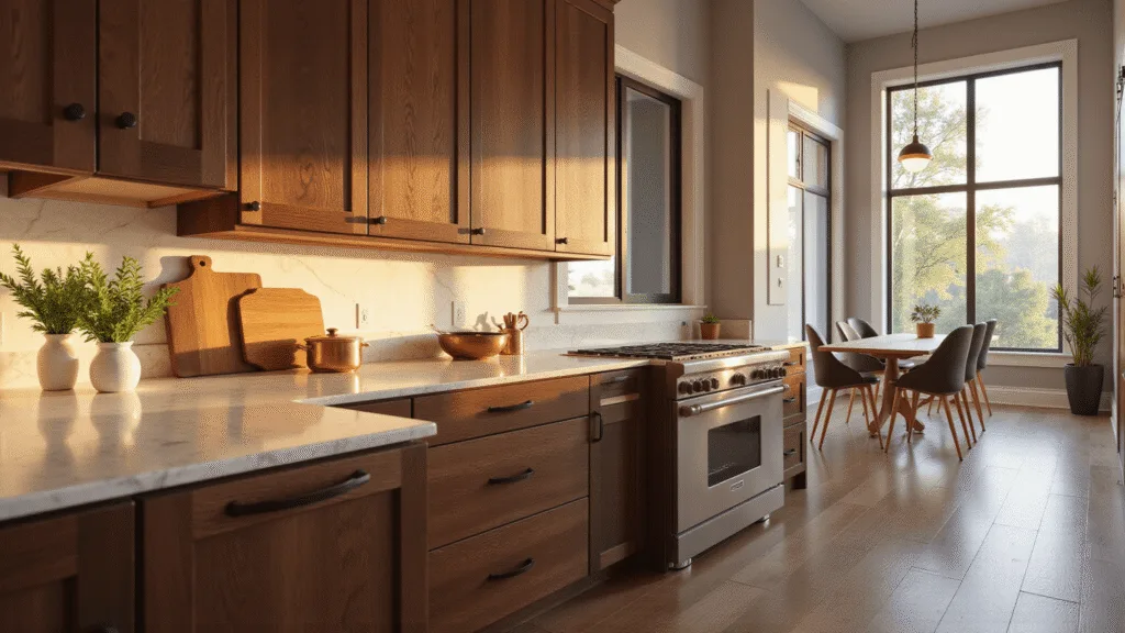 Walnut Kitchen Cabinets: The Ultimate Guide to Timeless Elegance and Practical Design Photorealistic interior of a transitional kitchen with walnut Shaker cabinets, Carrara marble countertops, and warm golden hour lighting, showcasing a blend of modern and classic design elements.