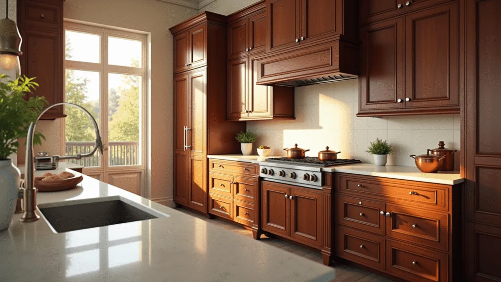 Kitchen Wood Cabinets: Your Ultimate Guide to Timeless Elegance and Functionality Photorealistic image of a spacious luxury kitchen featuring cherry wood cabinets, cream quartz countertops, polished brass hardware, and professional-grade stainless steel appliances, illuminated by golden hour light.