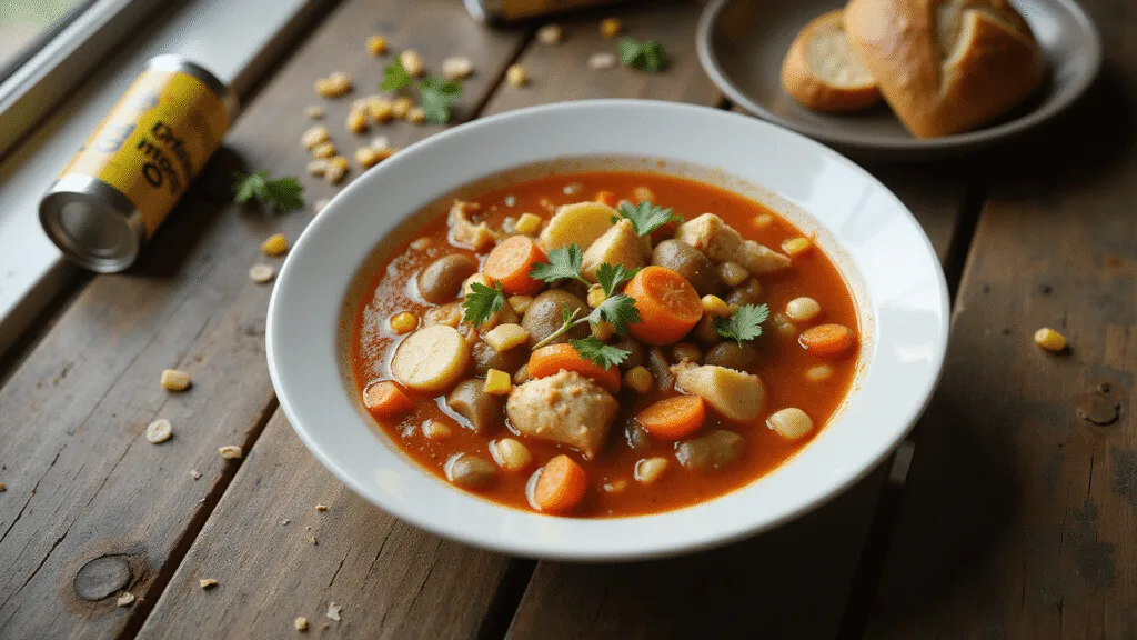 Maryland Crab Soup: A Chesapeake Bay Classic A photorealistic overhead shot of steaming Maryland crab soup in a rustic white ceramic bowl, featuring a rich tomato-based broth with chunks of blue crab meat, diced carrots, potatoes, corn, and lima beans, garnished with parsley, set on a weathered dark wooden table with natural light, an Old Bay seasoning tin, and crusty sourdough bread in the background.