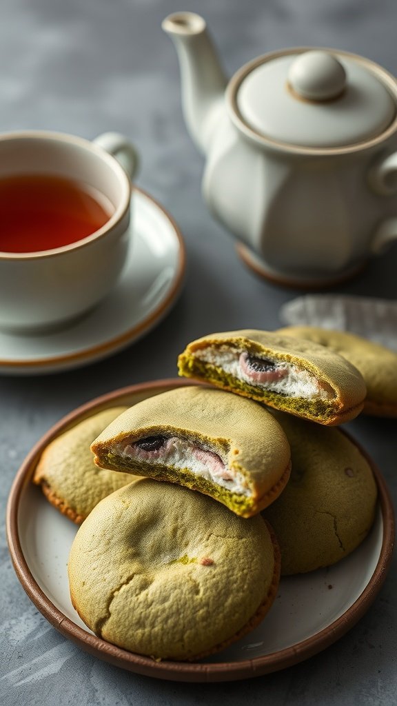 25 Creative Gender Reveal Cookie Ideas to Celebrate Your Big News Matcha green tea cookies with a creamy filling, perfect for a gender reveal party.