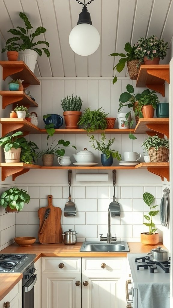 50 Creative Tiny Cottage Kitchen Ideas for Space-Savvy Living A small cottage kitchen with wooden shelves filled with plants and kitchenware, showcasing vertical space utilization.