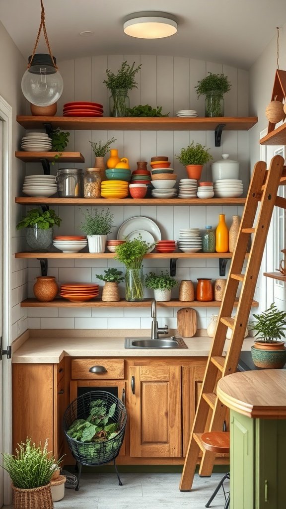50 Creative Tiny Cottage Kitchen Ideas for Space-Savvy Living A cozy tiny cottage kitchen featuring open wooden shelves filled with colorful dishes and plants, with a ladder for access.
