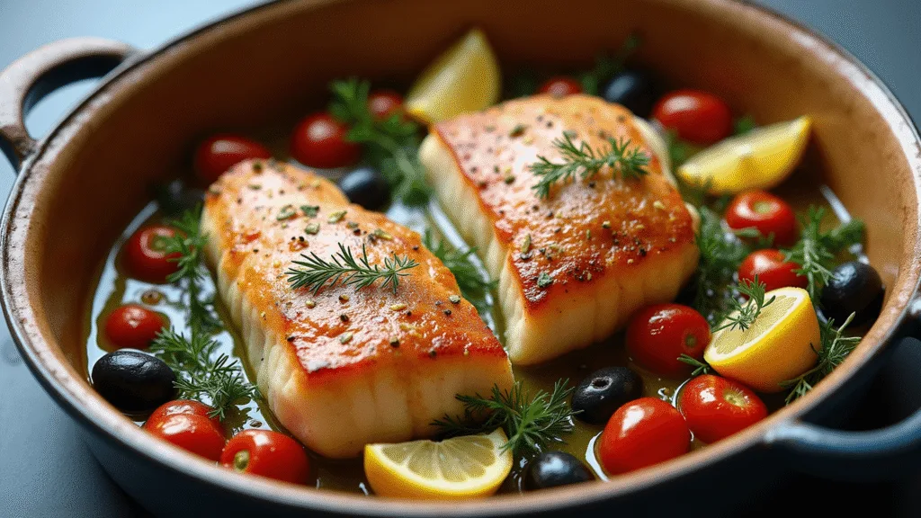 BAKED GROUPER WITH TOMATOES AND OLIVES: A MEDITERRANEAN DELIGHT A photorealistic overhead shot of a rustic ceramic baking dish featuring perfectly cooked golden-brown grouper fillets, blistered cherry tomatoes, Kalamata olives, vibrant lemon wedges, and fresh herbs, with steam rising and glistening olive oil pooling around the fish, showcasing texture and seasonings in natural window light.