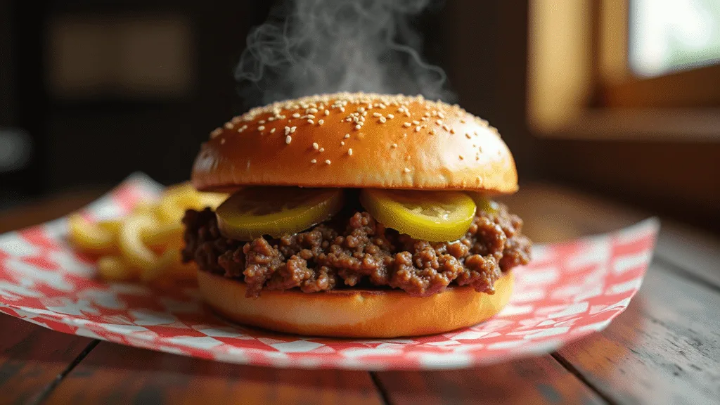 Maid Rite Sandwich: The Legendary Loose Meat Midwest Classic Photorealistic close-up of a toasted hamburger bun filled with finely-crumbled seasoned beef, garnished with dill pickle chips, on red and white checkered paper, set on a rustic wooden table with soft window light in the background.