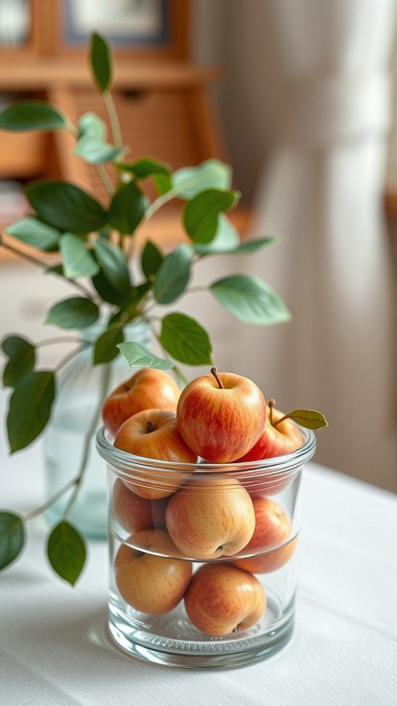35 Stunning Apple Wallpapers for Your Device A glass jar filled with miniature apples, surrounded by green leaves.