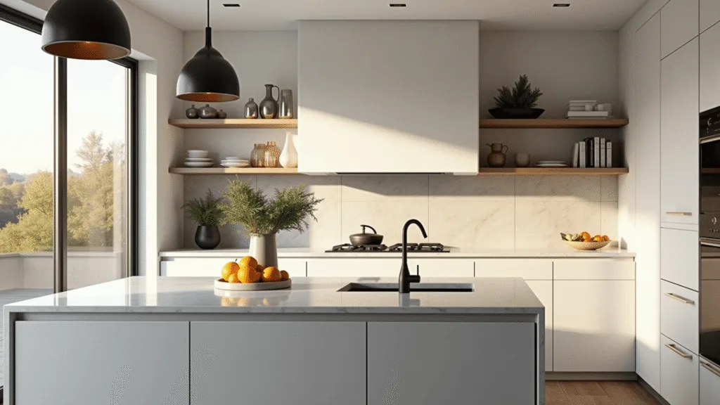 Kitchens Without Upper Cabinets: A Modern Design Revolution A hyperrealistic, modern minimalist kitchen featuring bright white walls and no upper cabinets, with sleek lower cabinets, an oversized Carrara marble island, dramatic morning light from floor-to-ceiling windows, geometric cement tile backsplash, and matte black pendant lights, all styled with curated ceramics and fresh herbs.