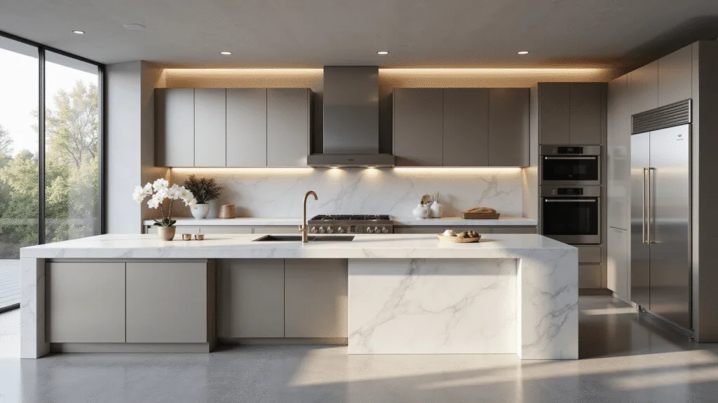Aluminum Kitchen Cabinets: The Sleek, Durable Revolution in Modern Home Design Photorealistic interior of a modern luxury kitchen featuring matte aluminum cabinets, a dramatic waterfall island, stainless steel appliances, and natural lighting with a minimalist design aesthetic.