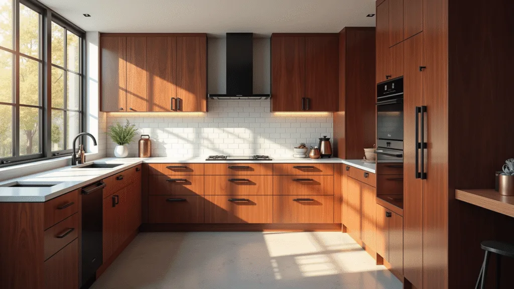 Cherry Wood Kitchen Cabinets: The Ultimate Guide to Timeless Elegance and Modern Design Photorealistic interior of a modern cherry wood kitchen bathed in warm morning sunlight, featuring white quartz countertops, matte black hardware, and a copper coffee station, set against a handcrafted subway tile backsplash.
