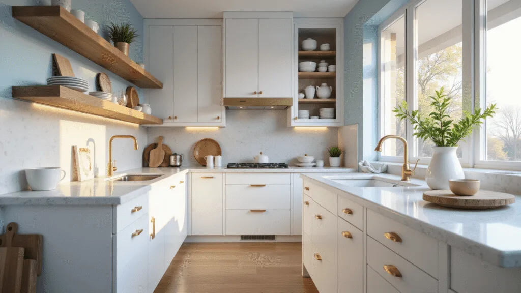 Small Kitchen Cabinet Ideas: Maximize Space, Style, and Functionality Photorealistic image of a compact modern kitchen featuring bright white shaker cabinets, brass hardware, and minimalist ceramics, with soft morning sunlight, marble countertops, and pale blue walls.