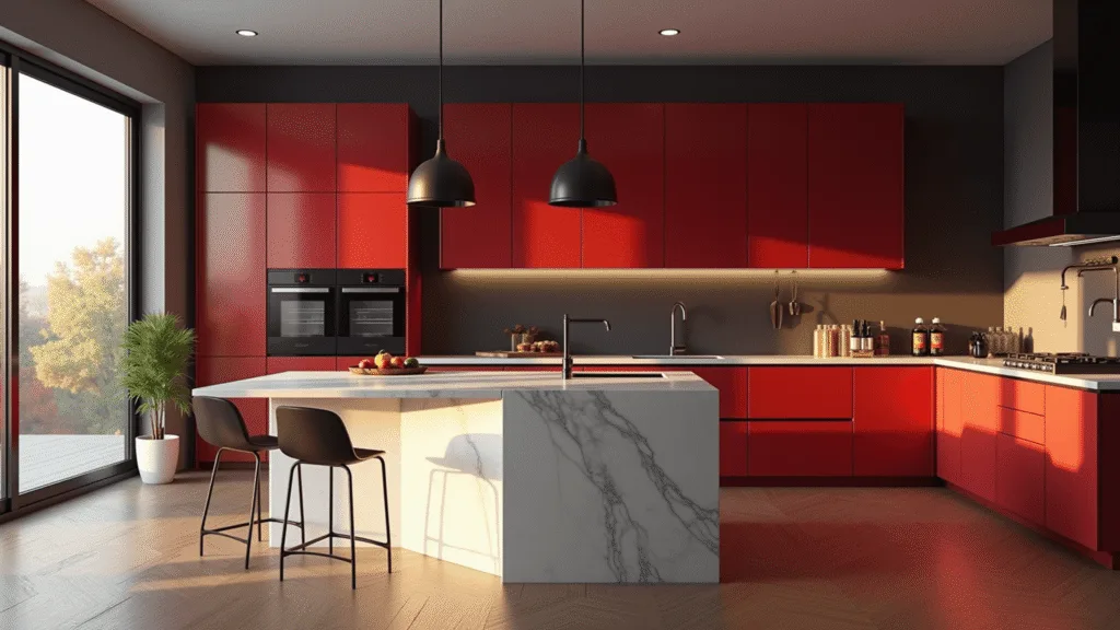 Red Kitchen Cabinets: A Bold Design Statement for Modern Homes Photorealistic image of a contemporary kitchen featuring rich crimson lacquered cabinets, a white quartz waterfall island, warm walnut herringbone floors, and industrial pendant lights, illuminated by golden hour sunlight through floor-to-ceiling windows, highlighting luxurious textures and high-end appliances.