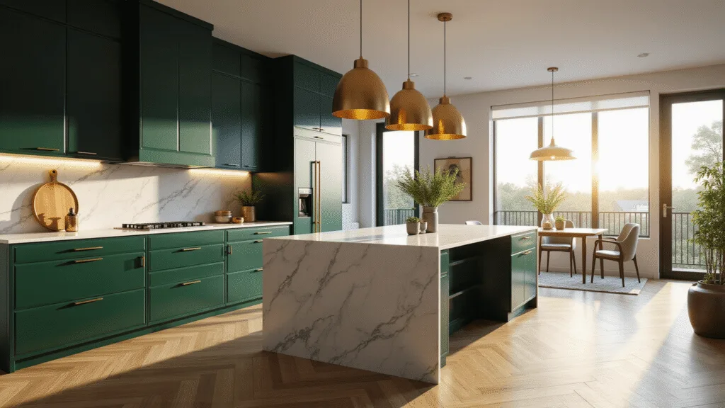 Transform Your Kitchen: The Ultimate Emerald Green Dark Green Design Guide Photorealistic image of a luxurious contemporary kitchen featuring deep emerald green cabinets, Carrara marble countertops, brushed gold pendant lights, and white oak herringbone floors, bathed in golden hour light.
