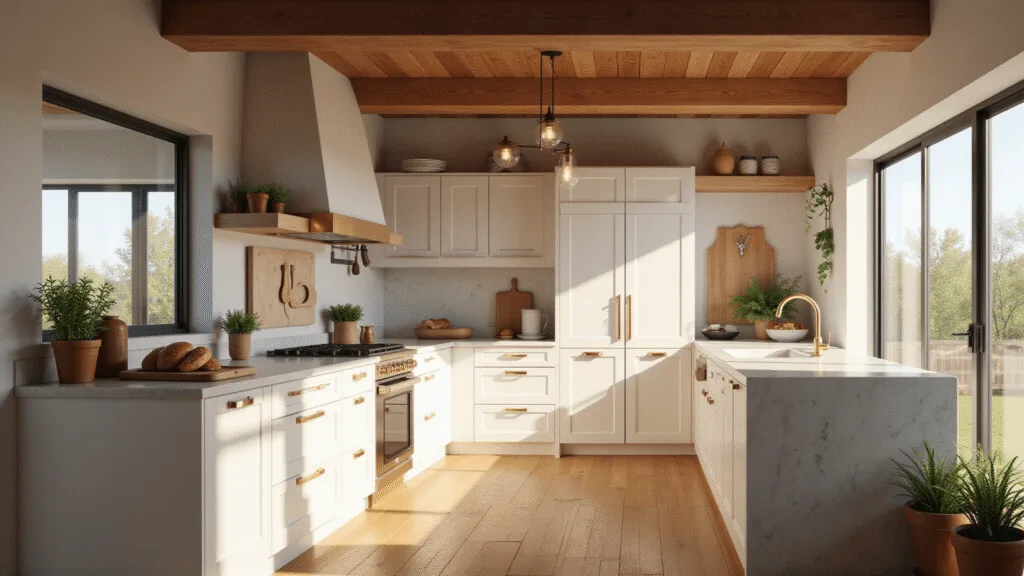 Natural Wood Kitchen Cabinets: The Ultimate Style Guide for Warm, Timeless Interiors A sunlit modern farmhouse kitchen featuring white oak cabinets, brass hardware, and a marble waterfall island, with dramatic morning light streaming through large windows, wooden ceiling beams, and artisanal ceramics, captured in a photorealistic style.