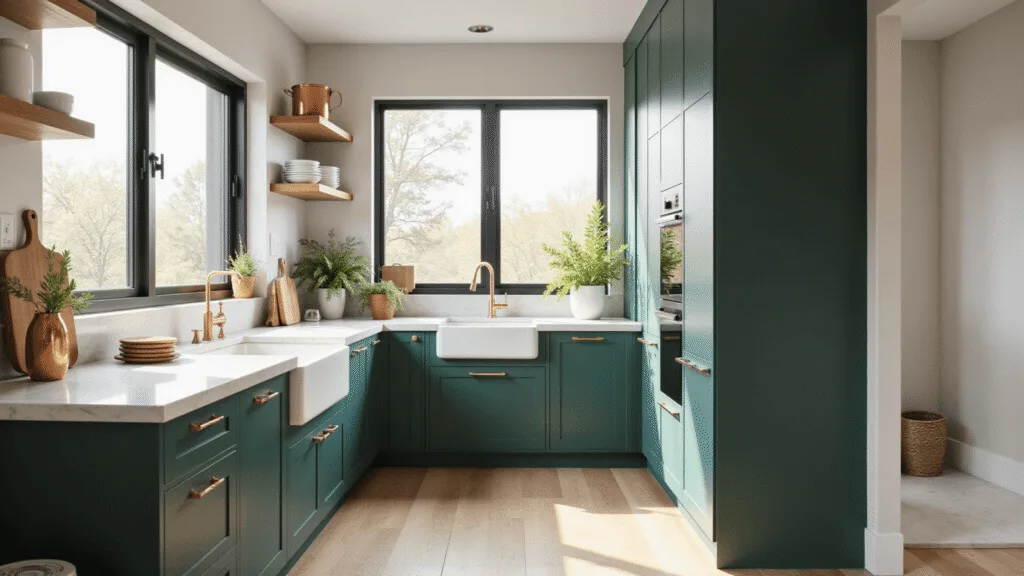 Modern Dark Green Kitchen Cabinets: A Sophisticated Design Revolution A modern forest green kitchen featuring lacquered cabinets with brass hardware, a white quartz waterfall island, and wide-plank white oak floors, illuminated by morning sunlight through east-facing windows, showcasing copper cookware, white ceramic vases, and artisanal wooden cutting boards, captured in hyperrealistic detail with dramatic depth of field.