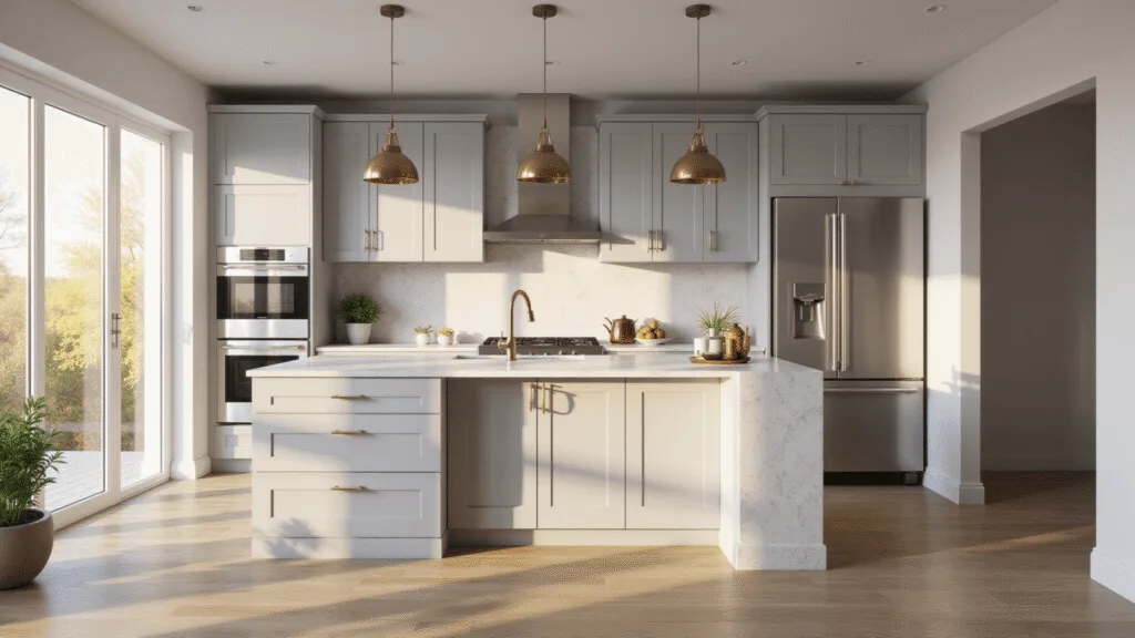 Light Gray Kitchen Cabinets: The Ultimate Design Solution for Modern Homes Photorealistic light gray kitchen interior featuring shaker cabinets and a white quartz island, illuminated by golden hour sunlight, with stainless steel appliances and a marble backsplash, creating an airy and sophisticated atmosphere.