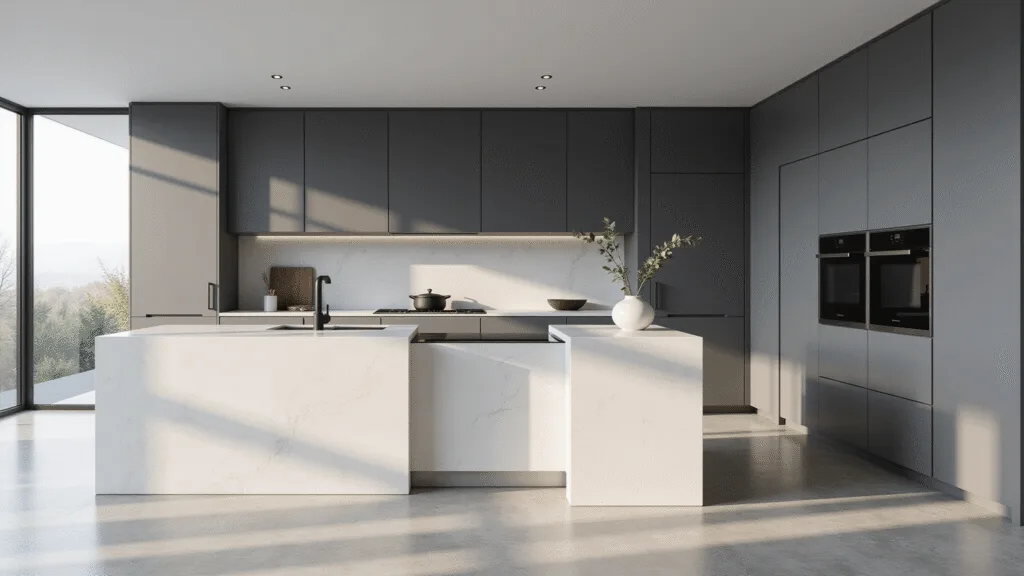 Grey Kitchen Cabinets: The Ultimate Styling and Photography Guide A luxurious modern kitchen featuring matte grey flat-panel cabinets, a white quartz waterfall island, polished concrete floors, and matte black hardware, captured in soft natural morning light with a focus on geometric composition and negative space.
