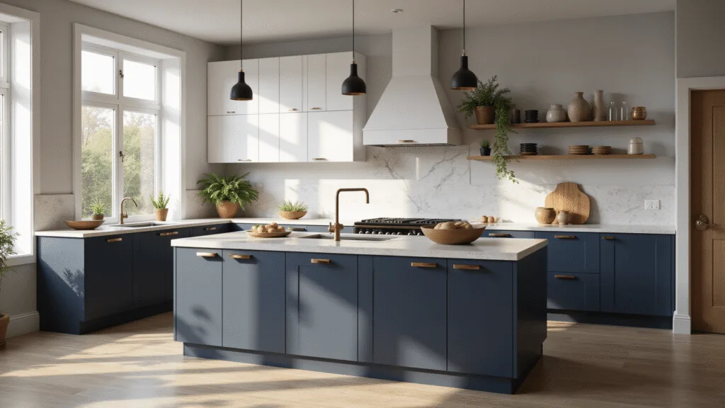 IKEA Kitchen Cabinets: The Ultimate Guide to Affordable, Stylish Storage Solutions A modern Scandinavian kitchen featuring matte white SEKTION cabinets, navy blue base cabinets, and a quartz waterfall island, illuminated by natural sunlight through large windows, showcasing artisanal ceramics and fresh herbs.