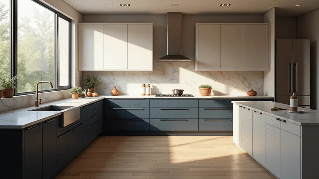 DIY Kitchen Cabinets in 2025: Transform Your Space Without Breaking the Bank Photorealistic image of a modern kitchen renovation in progress, featuring two-tone navy blue and warm white cabinets, marble countertops, and large windows casting light and shadows, with custom cabinet frames and professional tools arranged on a workspace.