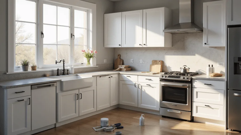 Painting Kitchen Cabinets: A DIY Transformation Guide Photorealistic image of a bright modern kitchen featuring freshly painted white Shaker-style cabinets with matte black hardware, natural stone countertops, and stainless steel appliances, illuminated by soft morning sunlight, showcasing extreme detail and texture, with organized paint supplies in the foreground and a marble backsplash reflecting light.