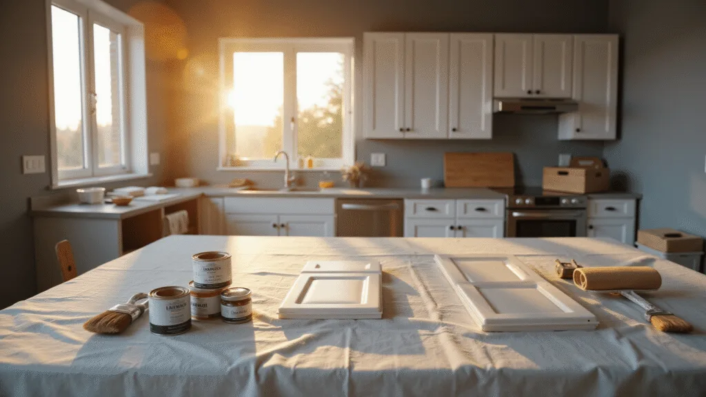 How to Paint Kitchen Cabinets Like a Pro: Transform Your Space Without Breaking the Bank Cinematic scene of a modern kitchen renovation featuring white Shaker cabinet doors on drop cloths, organized painting supplies, and natural sunlight creating dramatic shadows, captured in hyper-detailed 8K resolution.