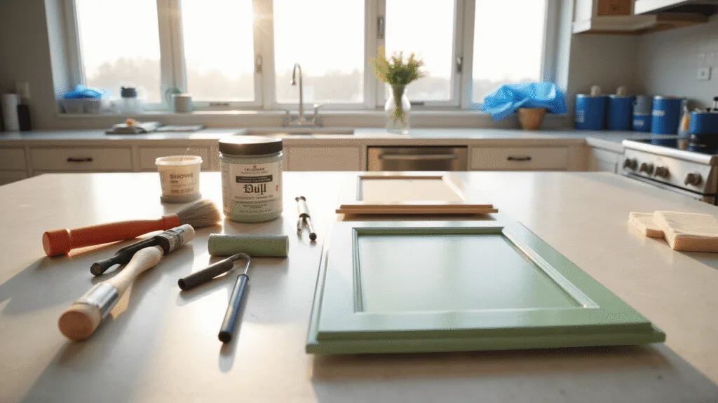 How to Paint Kitchen Cabinets Like a Pro: A Foolproof DIY Guide Photorealistic image of a modern kitchen cabinet painting process, featuring a bright space with natural light, a pristine white quartz island, professional painting supplies, and half-painted Shaker-style cabinet doors on sawhorses, showcasing a transformation from oak wood to sage green.