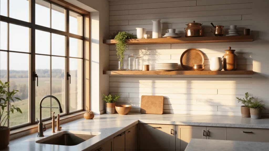 Kitchen Shelves: Ditch Cabinets for a Stunning, Functional Space Bright, airy kitchen with walnut floating shelves against white shiplap walls, showcasing white ceramics and copper cookware, bathed in warm golden hour sunlight.