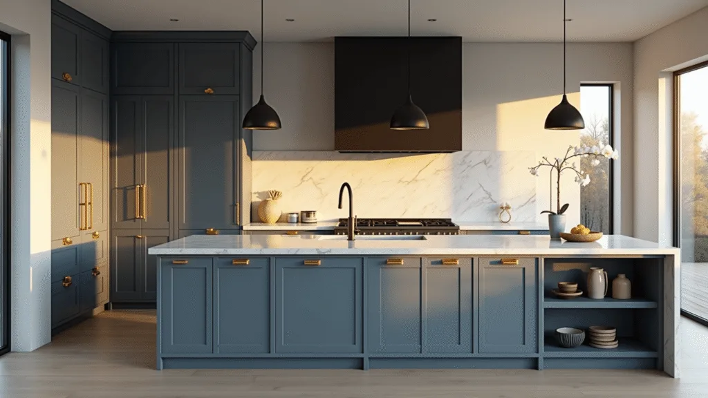 Blue Gray Kitchen Cabinets: Your Ultimate Design Guide Photorealistic image of a luxurious modern kitchen featuring blue-gray cabinets, a white marble waterfall island, and warm golden hour lighting streaming through large windows.
