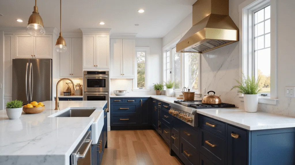 Modular Kitchen Cabinets: The Ultimate Guide to Transforming Your Cooking Space with Style and Efficiency Hyperrealistic image of a contemporary modular kitchen showcasing sleek white and navy cabinets, a quartz island, and warm golden hour lighting through large windows.