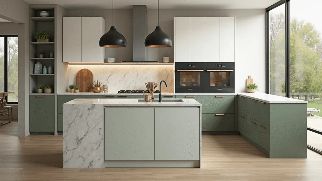 Kitchen Cabinet Colors: Your Ultimate Style Guide for 2025 Luxurious open-concept kitchen featuring two-tone sage green and white cabinets, a marble-veined quartz waterfall island, and artisanal decor, captured in soft morning light.