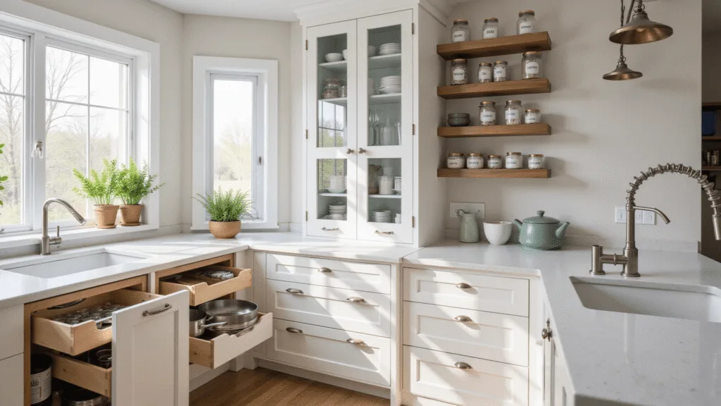 Ultimate Guide to Kitchen Cabinet Organization: Transform Your Space with Pro Tips Photorealistic image of a bright modern kitchen featuring organized white shaker cabinets with glass doors, natural light, quartz countertops, and elegant storage solutions like acrylic organizers and labeled mason jars.