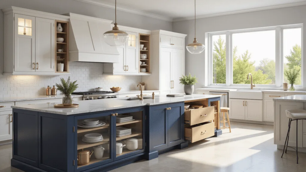Designing Functional Kitchen Cabinets: Your Ultimate Guide to Smart Storage Solutions A luxurious modern kitchen featuring white inset cabinets with gold hardware, a navy blue island, and ample storage solutions, illuminated by soft morning light from floor-to-ceiling windows.