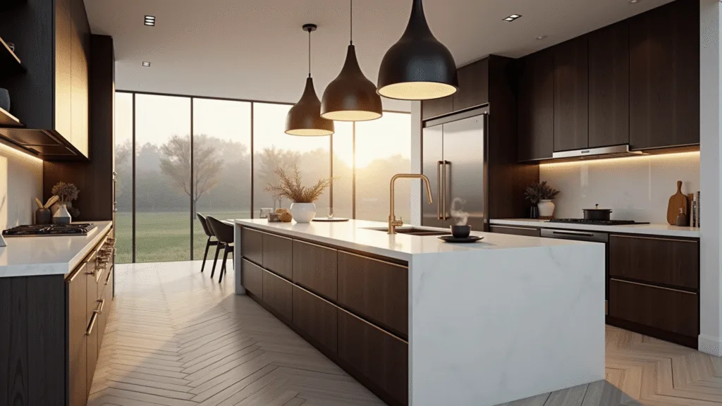 Espresso Kitchen Cabinets: The Ultimate Style Guide for Modern Homes Photorealistic wide-angle image of a luxury contemporary kitchen at sunrise, showcasing espresso-stained cabinets, white quartz waterfall island, black pendant lights, and natural oak herringbone flooring, with sunlight streaming through large windows and steam rising from a coffee cup.