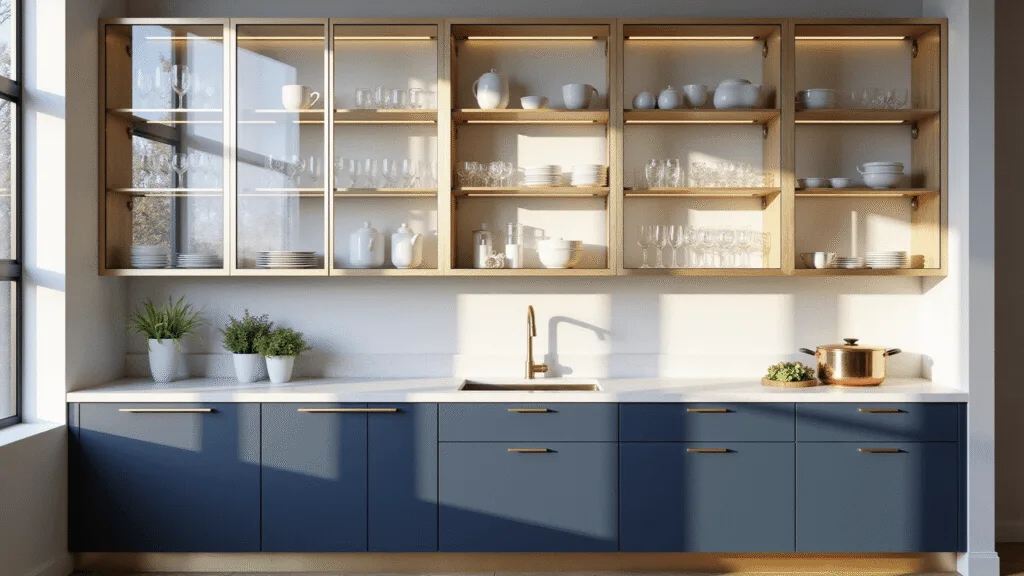 Glass Kitchen Cabinets: Transforming Your Kitchen with Elegance and Style Photorealistic image of a modern kitchen with glass cabinets and brass frames, showcasing organized porcelain and crystal, navy blue lower cabinets, white quartz countertops, and warm sunlight streaming through large windows, featuring copper cookware and fresh herbs.