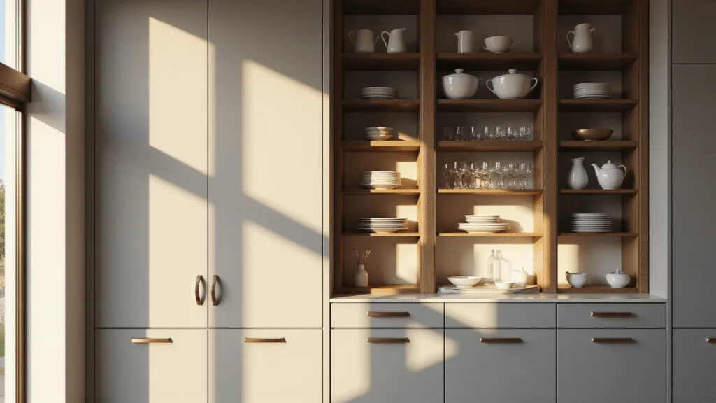 Glass Cabinets in the Kitchen: Transforming Storage into Style Photorealistic interior of a modern luxury kitchen featuring floor-to-ceiling glass cabinets displaying white ceramics and crystal glassware, accented by white quartz countertops and brushed gold hardware, illuminated by warm golden hour sunlight.