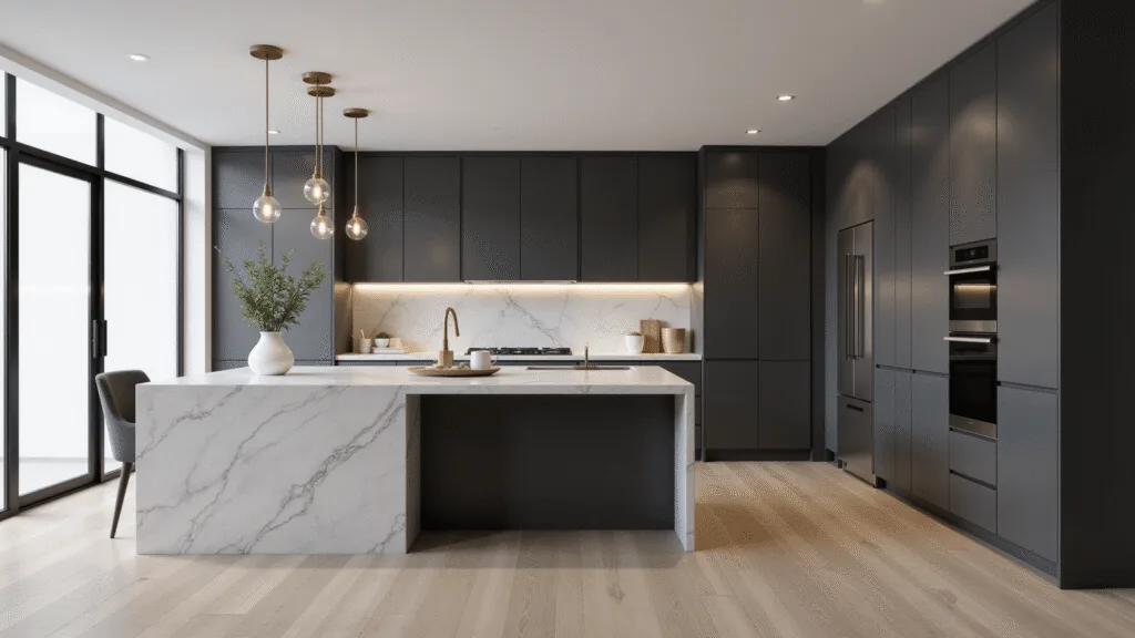 Dark Gray Kitchen Cabinets: A Sophisticated Modern Design Choice Photorealistic interior of a luxurious modern kitchen with dark gray cabinets, white quartz island, and brass pendant lights, highlighted by natural light and wide-plank oak flooring.