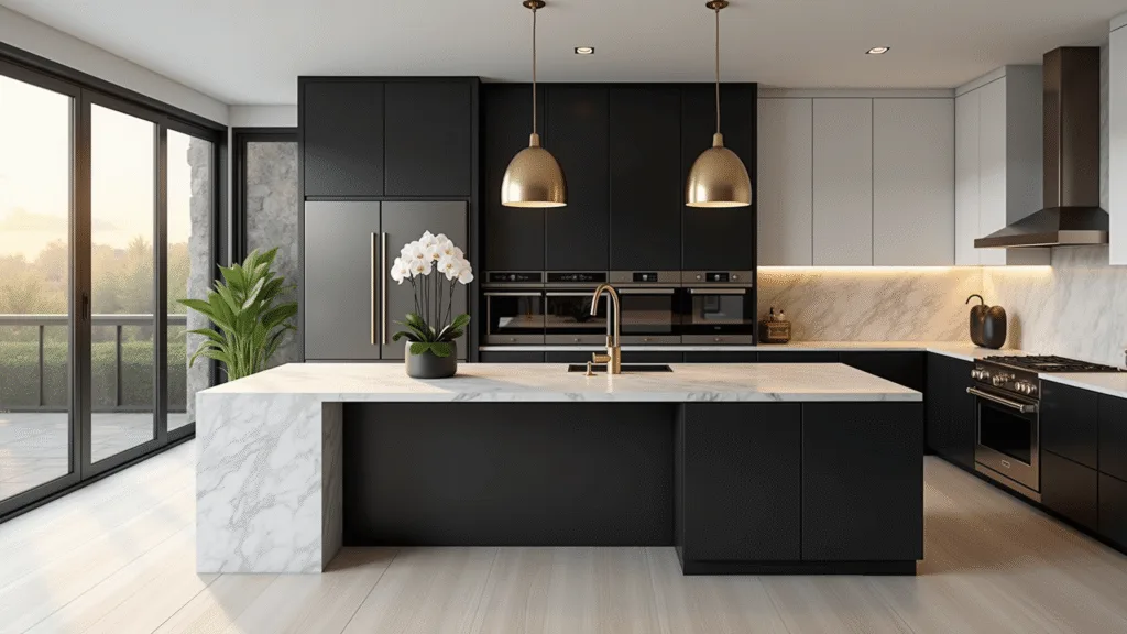 Black and White Kitchen Cabinets: A Timeless Design Statement Photorealistic wide-angle shot of a luxurious modern kitchen featuring matte black lower cabinets and glossy white upper cabinets, a Carrara marble waterfall island, natural light from floor-to-ceiling windows, minimalist brass pendant lights, and high-end stainless steel appliances, all captured in golden hour lighting with ultra-detailed textures.