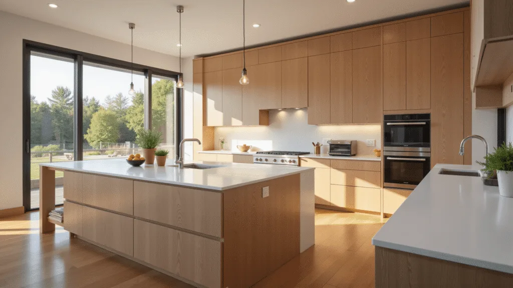 Wood Kitchen Cabinets: Your Ultimate Guide to Timeless Kitchen Design Photorealistic interior of a luxury modern kitchen featuring white oak cabinets, quartz countertops, and natural sunlight, with chrome fixtures and wooden floors, shot in ultra-wide angle at golden hour.