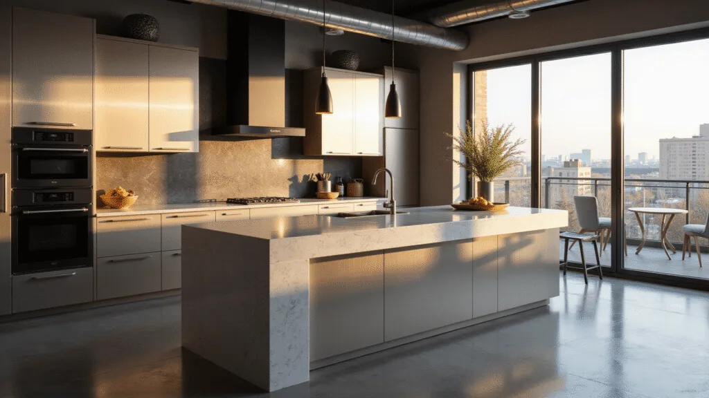 Aluminum Kitchen Cabinets: The Ultimate Modern Solution for Stylish, Durable Spaces Modern urban loft kitchen featuring brushed aluminum cabinets, a waterfall quartz island, and matte black appliances, captured in dramatic golden hour lighting with polished concrete floors and floor-to-ceiling windows.